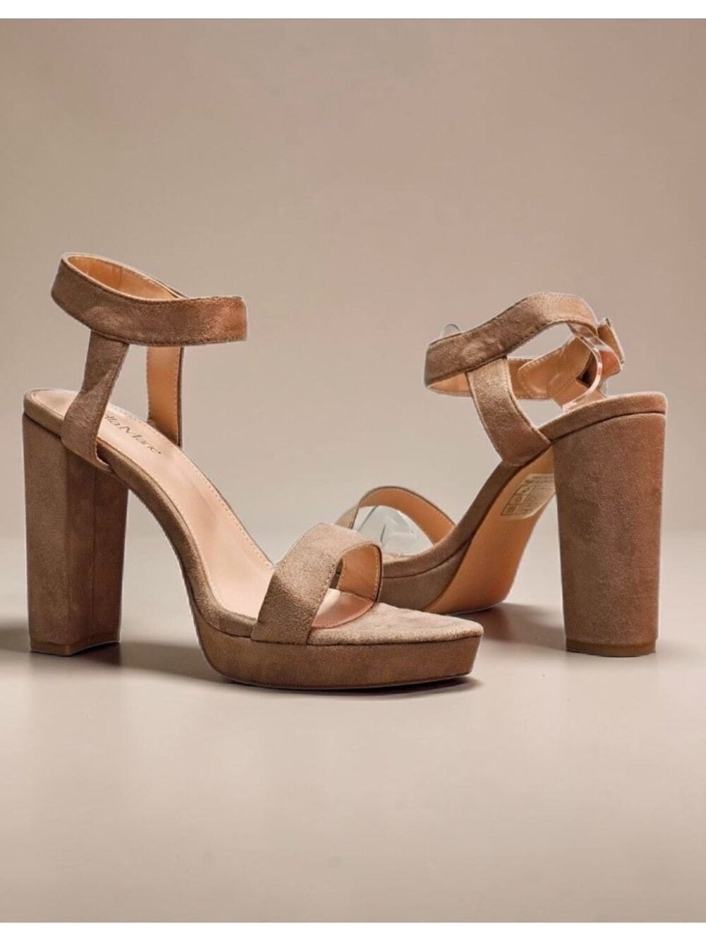 Taupe Faux Suede Block Heel Platform Sandals With Ankle Strap For Women